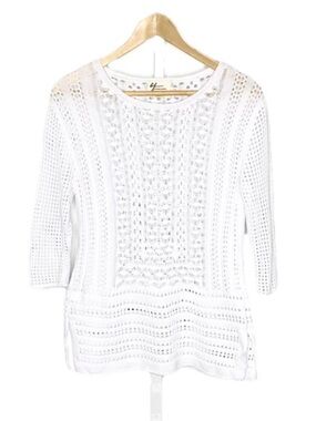 Andrea Jovine | White Boho Cottagecore Fairy Mesh Cotton Crochet Sweater Sz Sm